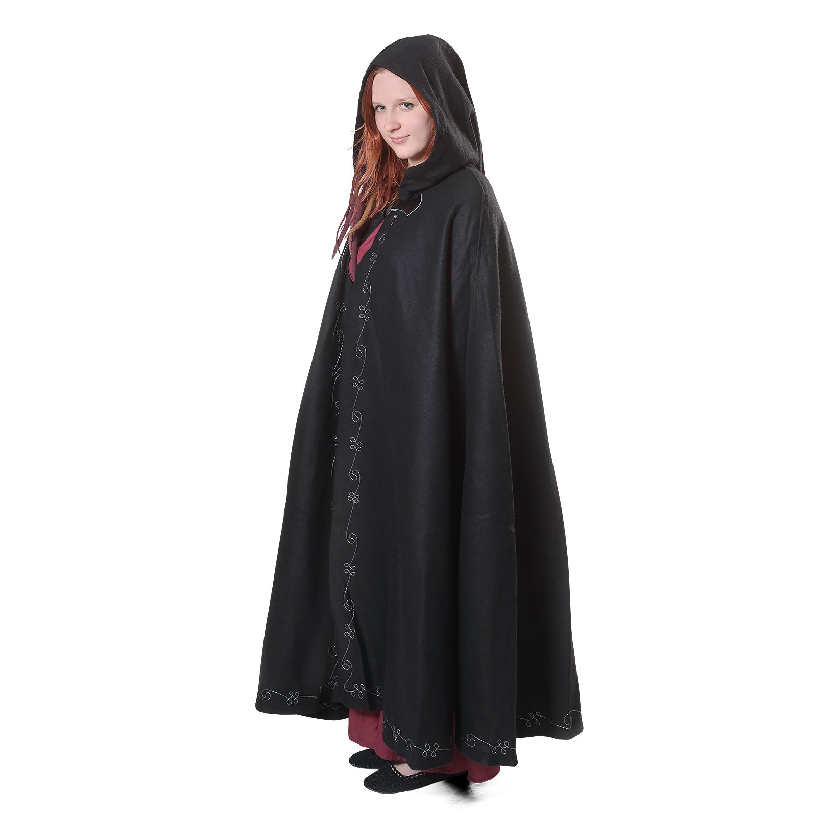 Product image Medieval Wool Cloak for Women with Hood Embroidery Metal Buckle Black