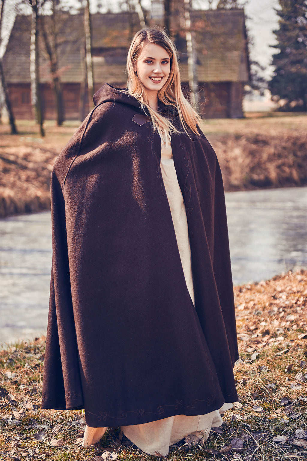 Product image Medieval Wool Cloak Women with Hood Embroidery Metal Buckle Brown