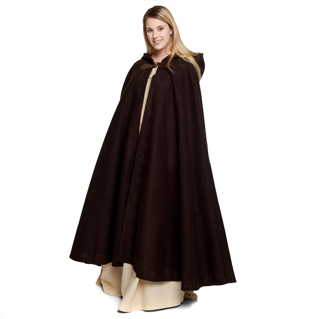 Product image Medieval Wool Cloak Women with Hood Embroidery Metal Buckle Brown