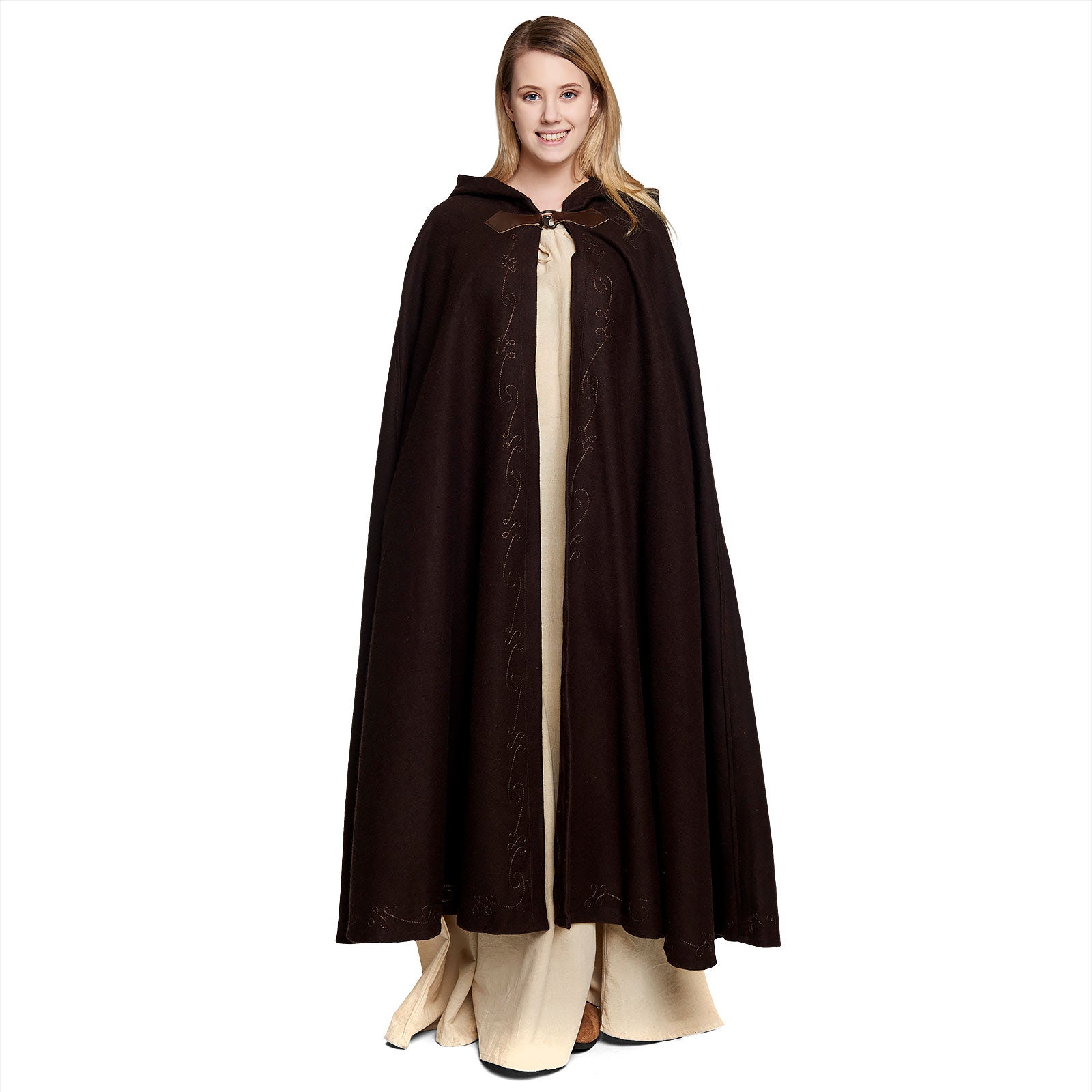 Product image Medieval Wool Cloak Women with Hood Embroidery Metal Buckle Brown