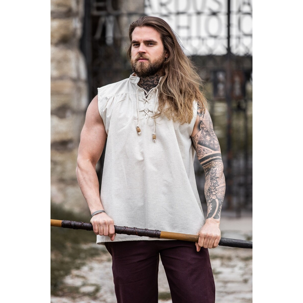 Product image Medieval Stand-Up Collar Lace-Up Shirt Louis Sleeveless Beige