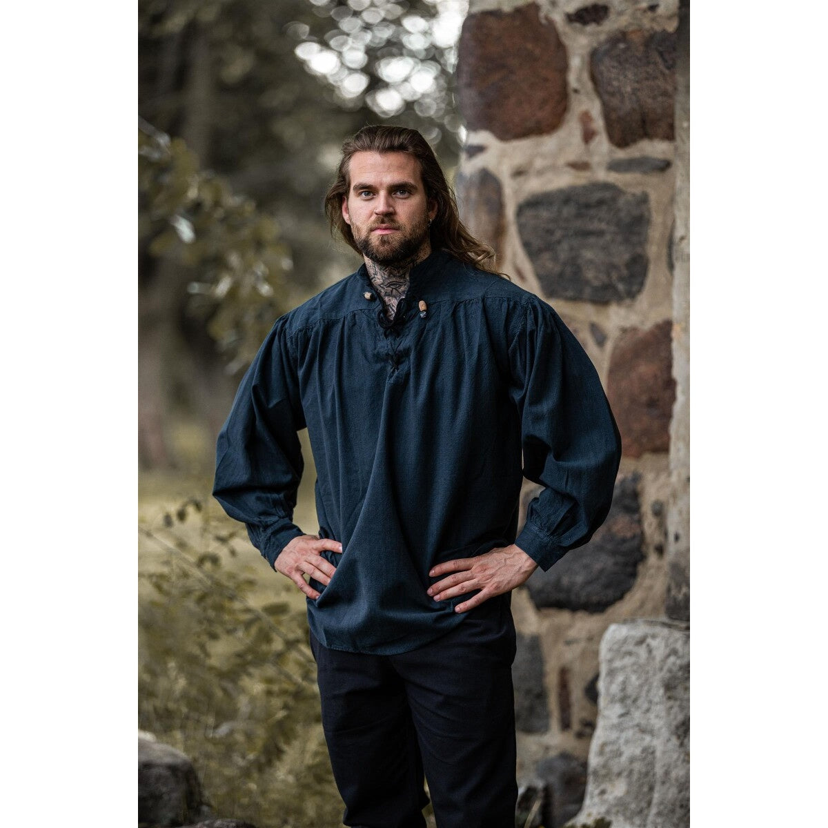 Product image Medieval Stand-Up Collar Lace-Up Shirt Georg blue mottled
