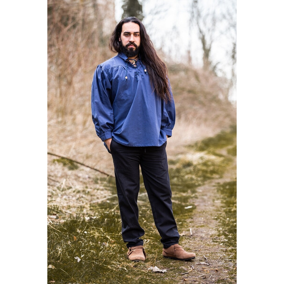 Product image Medieval Stand-Up Collar Lace-Up Shirt Friedrich blue