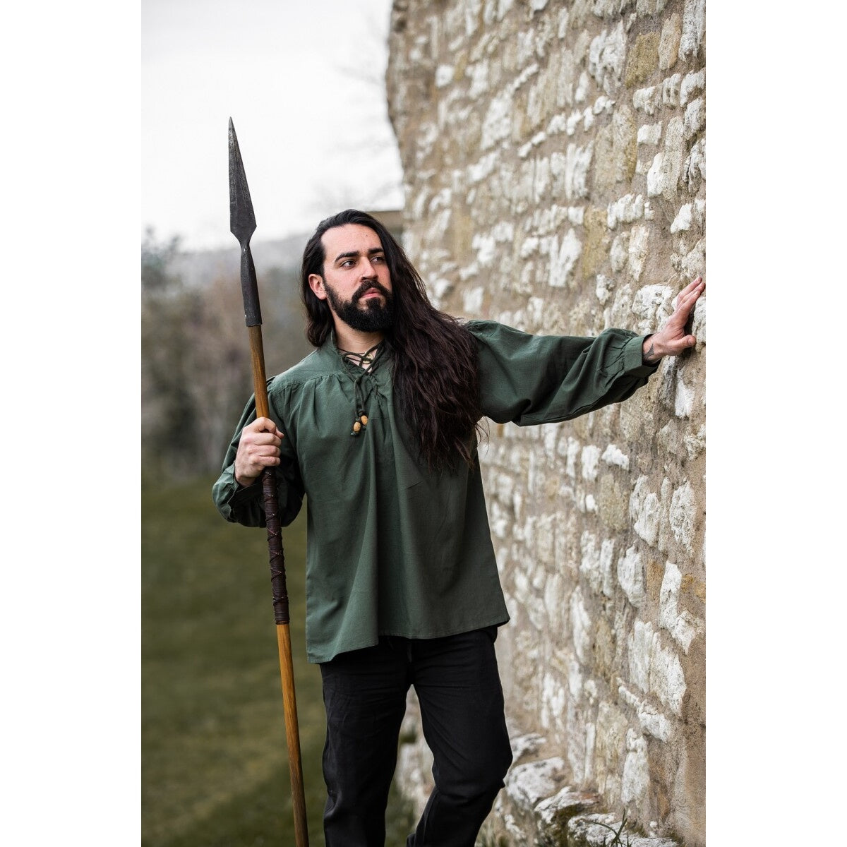 Product image Medieval Stand-Up Collar Lace-Up Shirt Friedrich green