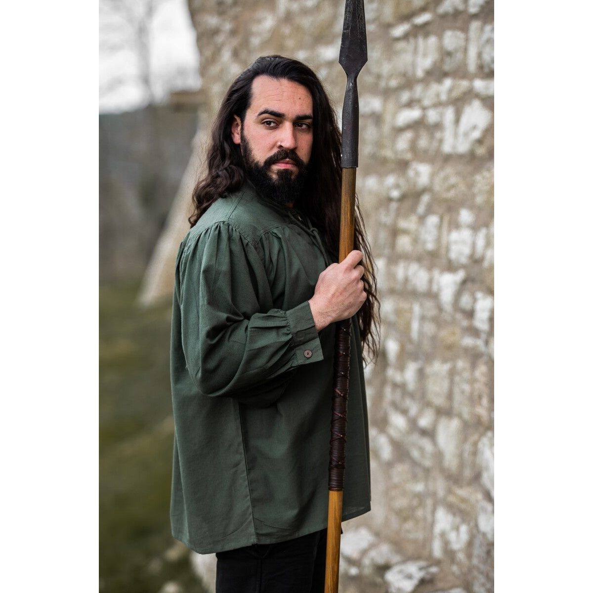 Product image Medieval Stand-Up Collar Lace-Up Shirt Friedrich green